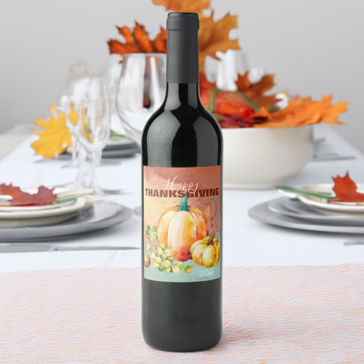 Happy Thanksgiving Waterverf Pumpkin Wine Label Wijn Etiket