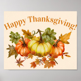 Happy Thanksgiving Waterverf Pumpkins and Leaves Poster