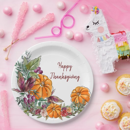 Happy Thanksgiving Waterverf Pumpkins Autumn Papieren Bordje (Feest)