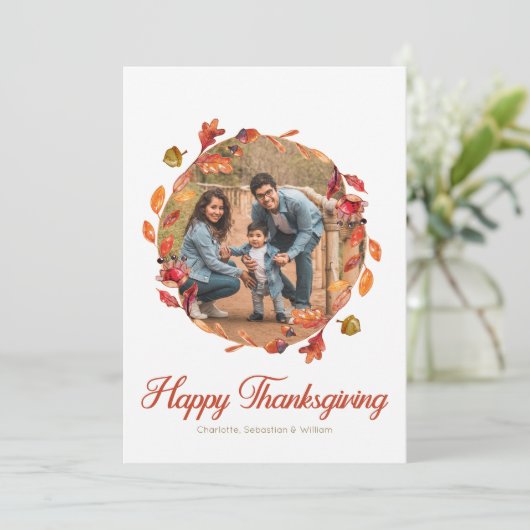 Happy Thanksgiving Waterverf Wreatfoto Feestdagenkaart (Staand voorkant)