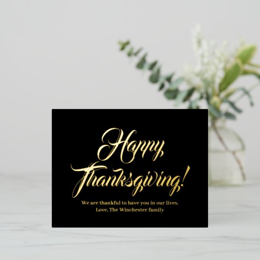 Happy Thanksgiving zwarte aangepaste script elegan Folie Feestdagen Briefkaart (Staand Voorkant)