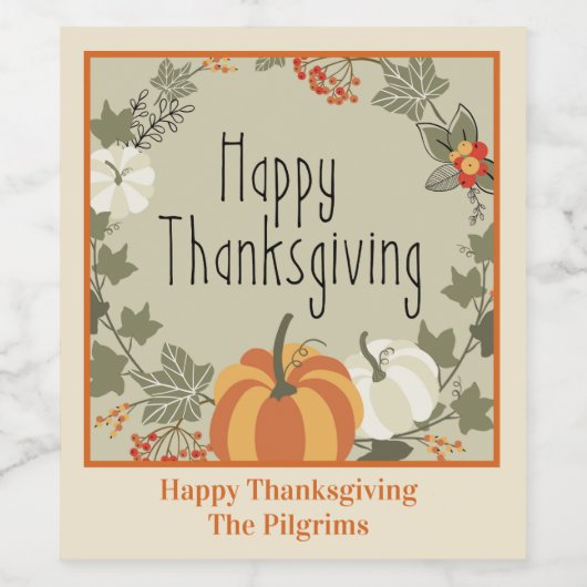 Happy Thanksgivng Wreath w Pumpkin Wine Label Wijn Etiket (Enkel label)
