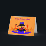 Happy Thanksgivukkah Funny Turkey Wenskaart Feestdagen Kaart<br><div class="desc">Een humoristisch origineel wenskaart voor de illustratie c.a.teresa of een uitnodiging met een paar wijnbroodkalkoenen, één met een yamaka, aan een eettafel met een menorah en ster van David. De perfecte kaart om de combinatie van Thanksgiving en Hanukkah te vieren, die dit jaar samen zal vallen. Deze kleurrijke feestkaarten kunnen...</div>
