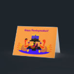 Happy Thanksgivukkah Funny Turkey Wenskaart Feestdagen Kaart<br><div class="desc">Een humoristisch origineel wenskaart voor de illustratie c.a.teresa of een uitnodiging met een paar wijnbroodkalkoenen, één met een yamaka, aan een eettafel met een menorah en ster van David. De perfecte kaart om de combinatie van Thanksgiving en Hanukkah te vieren, die dit jaar samen zal vallen. Deze kleurrijke feestkaarten kunnen...</div>