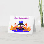 Happy Thanksgivukkah Funny Turkey Wenskaart Feestdagen Kaart<br><div class="desc">Een humoristisch origineel wenskaart voor de illustratie c.a.teresa of een uitnodiging met een paar wijnbroodkalkoenen, één met een yamaka, aan een eettafel met een menorah en ster van David. De perfecte kaart om de combinatie van Thanksgiving en Hanukkah te vieren, die dit jaar samen zal vallen. Deze kleurrijke feestkaarten kunnen...</div>