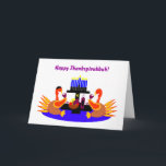 Happy Thanksgivukkah Funny Turkije Wenskaart Feestdagen Kaart<br><div class="desc">Een humoristisch origineel c.a.teresa-wenskaart met een paar wijnroostende kalkoenen, één met een yamaka, aan een eettafel met een menora en Davidster. De perfecte kaart om de combinatie van Thanksgiving en Chanoeka te vieren die dit jaar samen zullen vallen. Deze kleurrijke feestkaarten kunnen ook aan de binnenkant worden aangepast met je...</div>