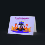 Happy Thanksgivukkah Funny Turkije Wenskaart Feestdagen Kaart<br><div class="desc">Een humoristisch origineel c.a.teresa-wenskaart met een paar wijnroostende kalkoenen, één met een yamaka, aan een eettafel met een menora en Davidster. De perfecte kaart om de combinatie van Thanksgiving en Chanoeka te vieren die dit jaar samen zullen vallen. Deze kleurrijke feestkaarten kunnen ook aan de binnenkant worden aangepast met je...</div>