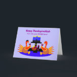 Happy Thanksgivukkah Funny Turkije Wenskaart Feestdagen Kaart<br><div class="desc">Een humoristisch origineel c.a.teresa-wenskaart met een paar wijnroostende kalkoenen, één met een yamaka, aan een eettafel met een menora en Davidster. De perfecte kaart om de combinatie van Thanksgiving en Chanoeka te vieren die dit jaar samen zullen vallen. Deze kleurrijke feestkaarten kunnen ook aan de binnenkant worden aangepast met je...</div>