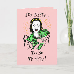 Happy Thrifty Lady Money in Hand Savings Gifts Bedankkaart