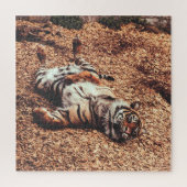 Happy Tiger Belly Up Rolling in Leaves Legpuzzel (Verticaal)