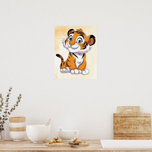 Happy Tiger Cartoon Art Print! Schattigee Tiger Wa Poster (Keuken)