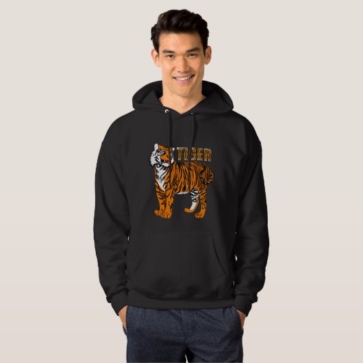 Happy tiger illustratie mannen zwart hoodie (Voorkant volledig)