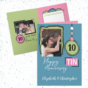 Happy Tin 10th Jubileum 2 fotonamen blauw Kaart