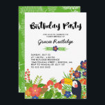 Happy Toucan Tropical Kids Birthday Party Kaart<br><div class="desc">Tropisch-themed verjaardagsfeestuitnodiging in heldere kleuren: rood,  blauw en groen. De Partij van de geboorte wordt geschreven in een charmerend manuscript. Onderaan een heleboel kleurrijke tropische bloemen,  planten en bessen,  en een glimlende toucan. Op de achterzijde ziet u een groen en wit voorpatroon.</div>