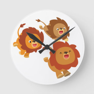 Happy Trio van Cute Cartoon Lions Wall Clock Ronde Klok