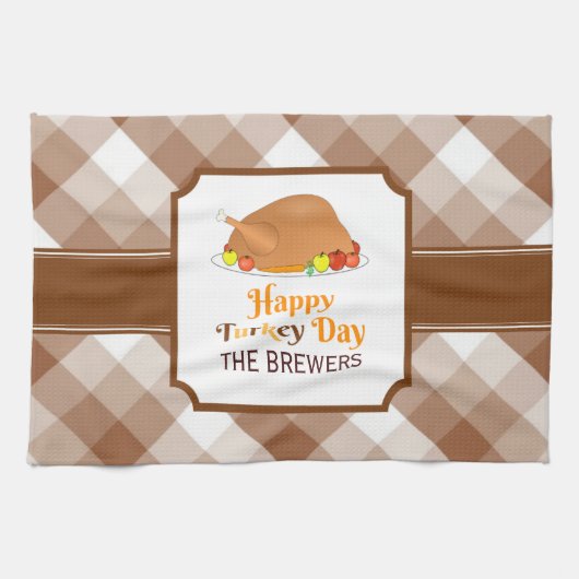 Happy Turkey Day Brown Checkered Kitchen Towels Theedoek (Horizontaal)