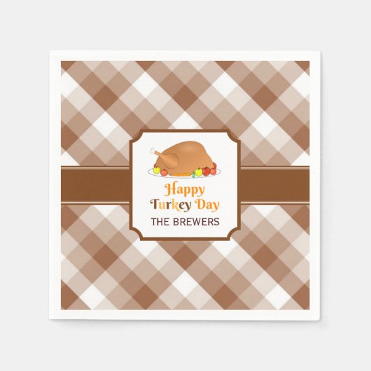 Happy Turkey Day Brown Checkered Paper Napkin Servet (Voorkant)
