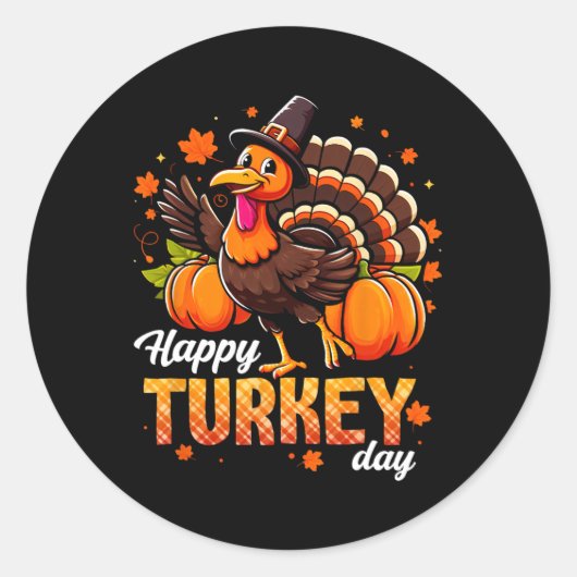 Happy Turkey Day Mannen Vrouwen Kinder Herfst Herf Ronde Sticker (Voorkant)