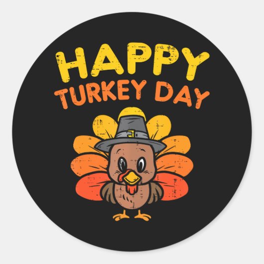 Happy Turkey Day Schattigee Thanksgiving Pilgrim B Ronde Sticker (Voorkant)