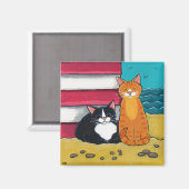 Happy Tuxedo en Tabby Cat op het strand Magneet (Voorkant / Achterkant)