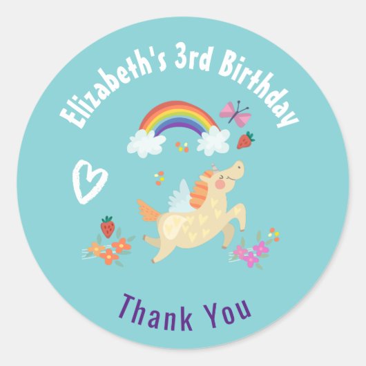 Happy Unicorn met regenboogwolken Bedankt Ronde Sticker (Voorkant)