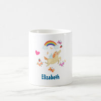 Happy Unicorn met regenboogwolken en bloemen