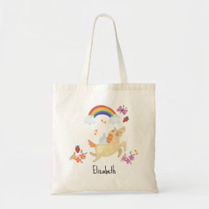 Happy Unicorn met regenboogwolken en bloemen Tote Bag