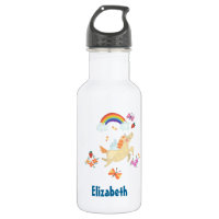Happy Unicorn met regenboogwolken en bloemen