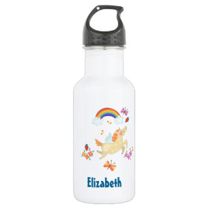 Happy Unicorn met regenboogwolken en bloemen Waterfles