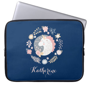 Happy Unicorn Schattigee gepersonaliseerde marine Laptop Sleeve