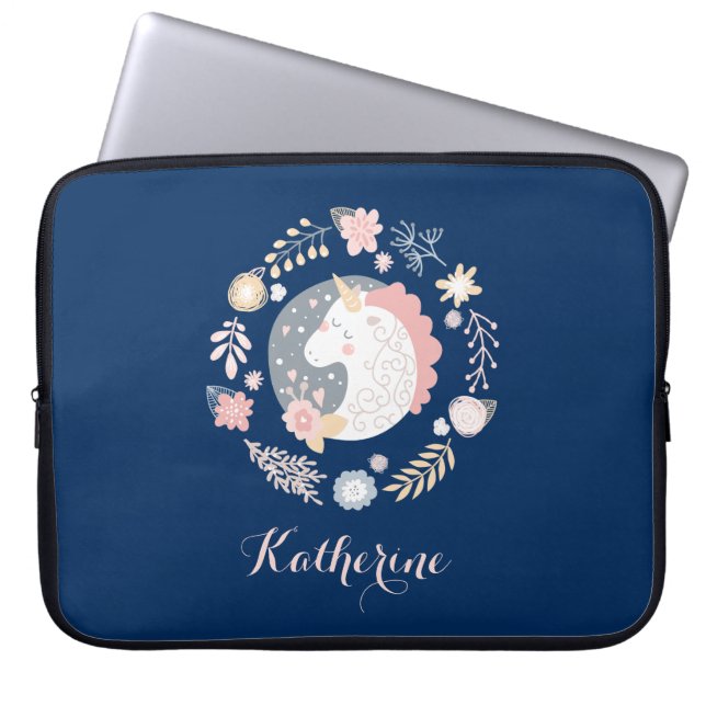 Happy Unicorn Schattigee gepersonaliseerde marine Laptop Sleeve (Voorkant)