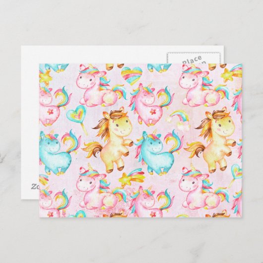Happy Unicorns Pattern-Unicorn Love in Pink Briefkaart (Voorkant / Achterkant)