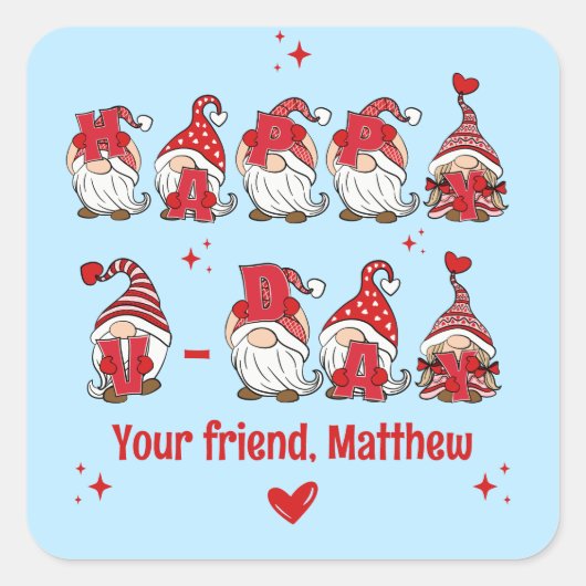 Happy V-Day Gnome Lettering Blue Classroom Vierkante Sticker (Voorkant)