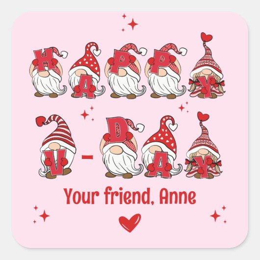 Happy V-Day Gnome Lettering Pink Classroom Vierkante Sticker (Voorkant)