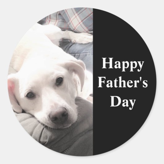 Happy Vaderdag Cute White Lazy Puppy Dog Black Ronde Sticker (Voorkant)