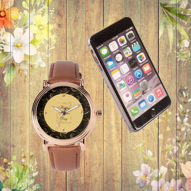 Happy Vaderdag Gold Kalligrafie Zwart Swirls Horloge (Happy Father's Day Gold Calligraphy Leafy Swirls Watch)