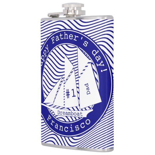 Happy Vaderdag Schooner op Navy Waves Heupfles (Links)