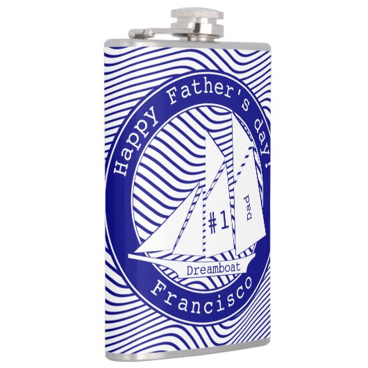 Happy Vaderdag Schooner op Navy Waves Heupfles (Rechts)