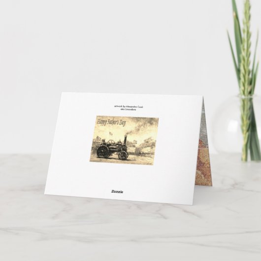 Happy Vaderdag sepia kaart met een Stoomtractor (Achterkant)