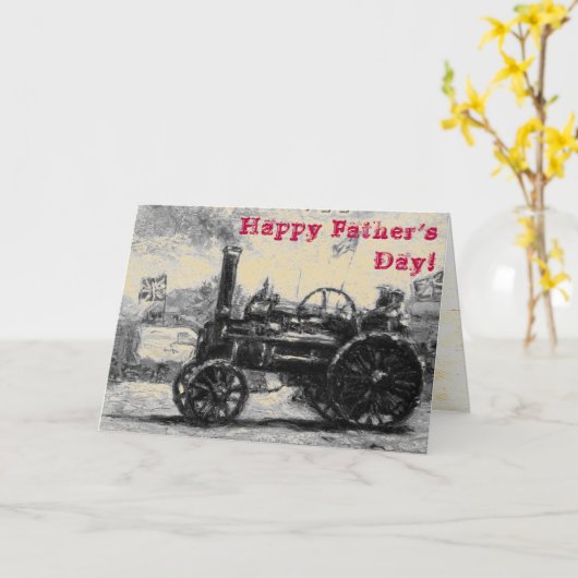 Happy Vaderdag sepia kaart met een Stoomtractor (Gele Bloem)