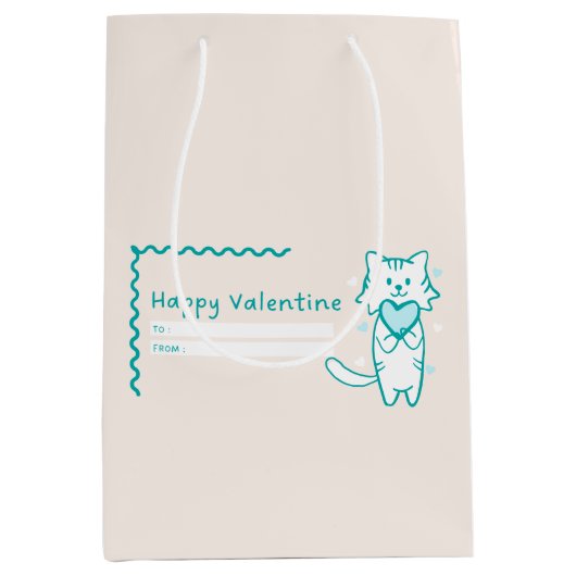 Happy Valentijn Blauwgroen Kat Medium Cadeauzakje (Voorkant)