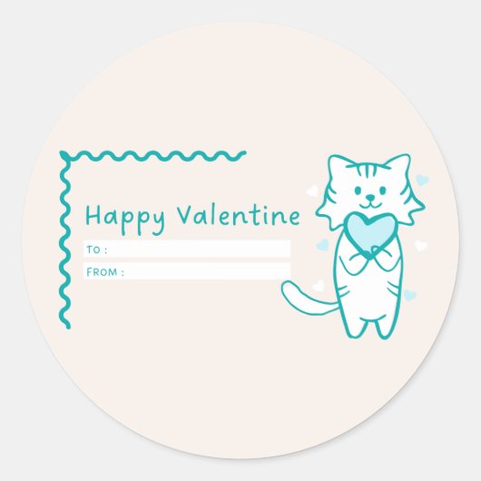 Happy Valentijn Blauwgroen Kat Ronde Sticker (Voorkant)