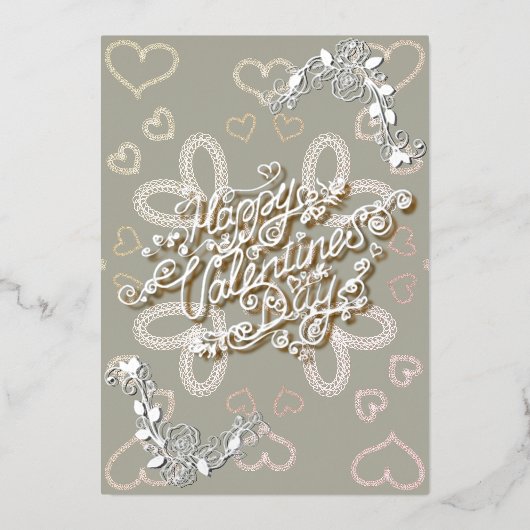 Happy Valentijn’s Day zilveren belettering met roz Folie Feestdagenkaart (Voorkant)