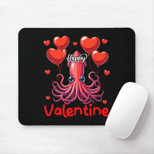 Happy Valentijn Squid Holding Heart Bylloons Lover Muismat (Met muis)