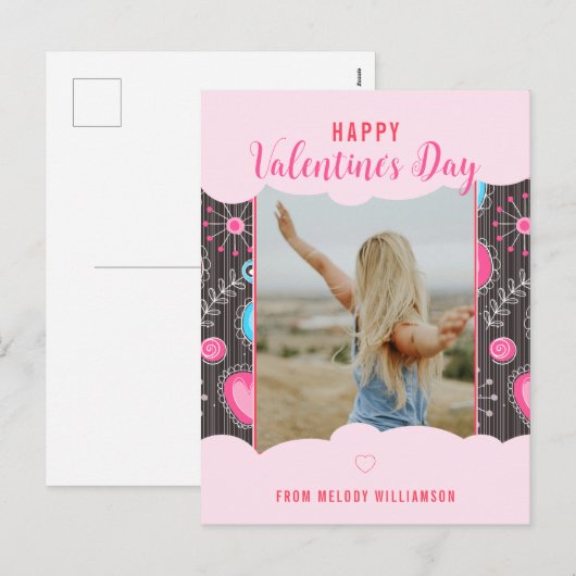 Happy Valentijn Whimsy Roze Blauw Hart Bloem Naam Feestdagenkaart (Voorkant / Achterkant)