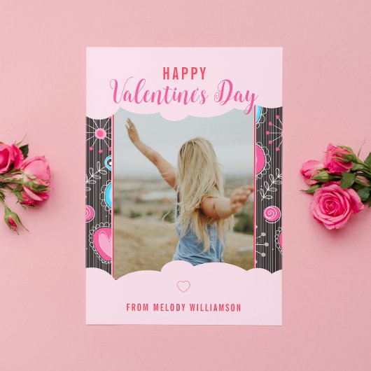 Happy Valentijn Whimsy Roze Blauw Hart Bloem Naam Feestdagenkaart