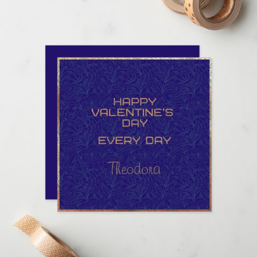 Happy Valentijns Blue Watermark Gold Lijst Notitiekaartje (Voorkant / Achterkant in situ)