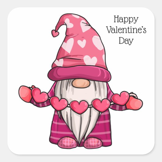Happy Valentijn's Day Cute Gnome Vierkante Sticker (Voorkant)