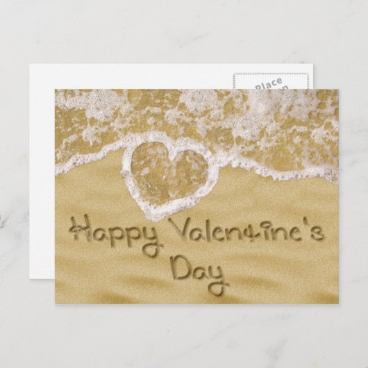 "Happy Valentijns' hart geschreven in zand Feestdagenkaart (Voorkant / Achterkant)