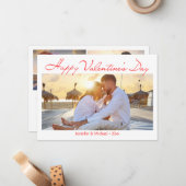 Happy Valentijnsdag 3 foto's Red Script Holiday Notitiekaartje (Voorkant / Achterkant in situ)